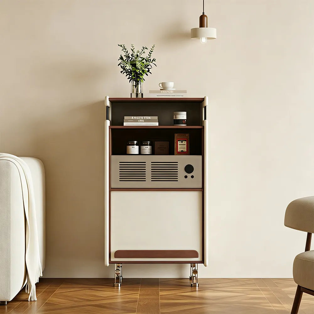 LIVARA 45cm Retro Storage Cabinet - Solid Timber Frame with Display Shelf & Flip Door for Living Room Entryway - Walnut & Cream