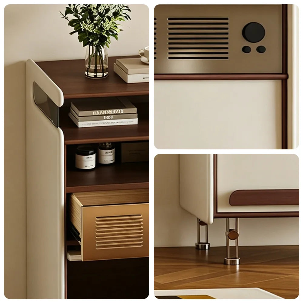 LIVARA 45cm Retro Storage Cabinet - Solid Timber Frame with Display Shelf & Flip Door for Living Room Entryway - Walnut & Cream