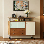 LIVARA 100cm Sideboard - FAS Cherry Wood Finish with Sliding Door, Drawers & Fixed Support Legs - Walnut & Cream