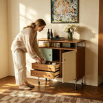 LIVARA 100cm Sideboard - FAS Cherry Wood Finish with Sliding Door, Drawers & Fixed Support Legs - Walnut & Cream