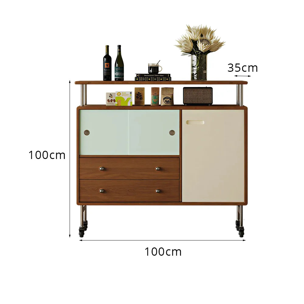 LIVARA 100cm Sideboard - FAS Cherry Wood Finish with Sliding Door, Drawers & Fixed Support Legs - Walnut & Cream