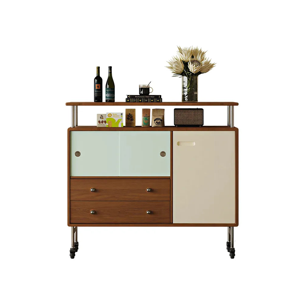 LIVARA 100cm Sideboard - FAS Cherry Wood Finish with Sliding Door, Drawers & Fixed Support Legs - Walnut & Cream