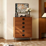 LIVARA 5-Drawer Storage Cabinet - Solid Timber Finish with Round Pull Handles & Metal Base for Living Room Bedroom - Walnut