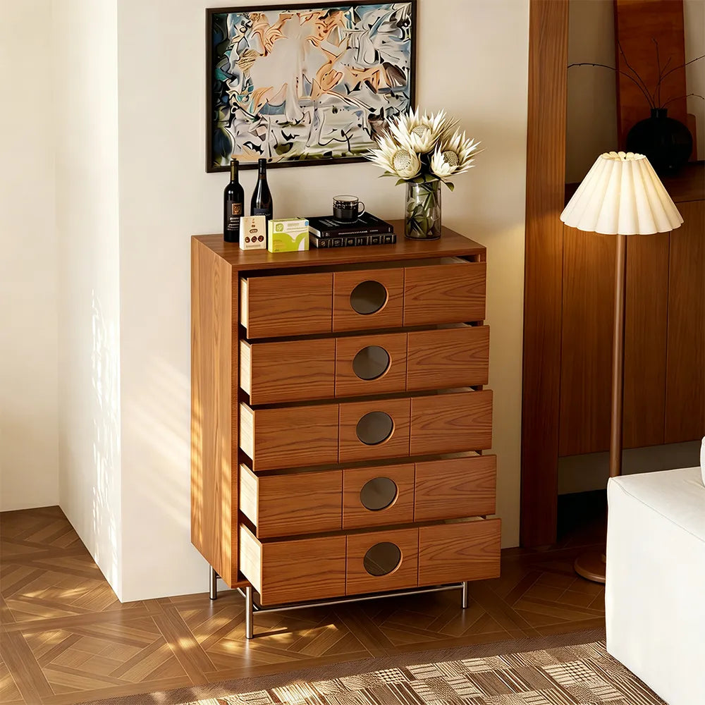 LIVARA 5-Drawer Storage Cabinet - Solid Timber Finish with Round Pull Handles & Metal Base for Living Room Bedroom - Walnut