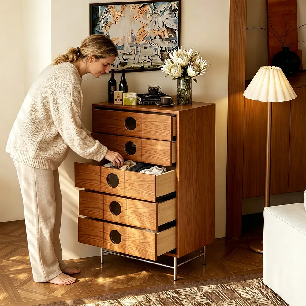 LIVARA 5-Drawer Storage Cabinet - Solid Timber Finish with Round Pull Handles & Metal Base for Living Room Bedroom - Walnut