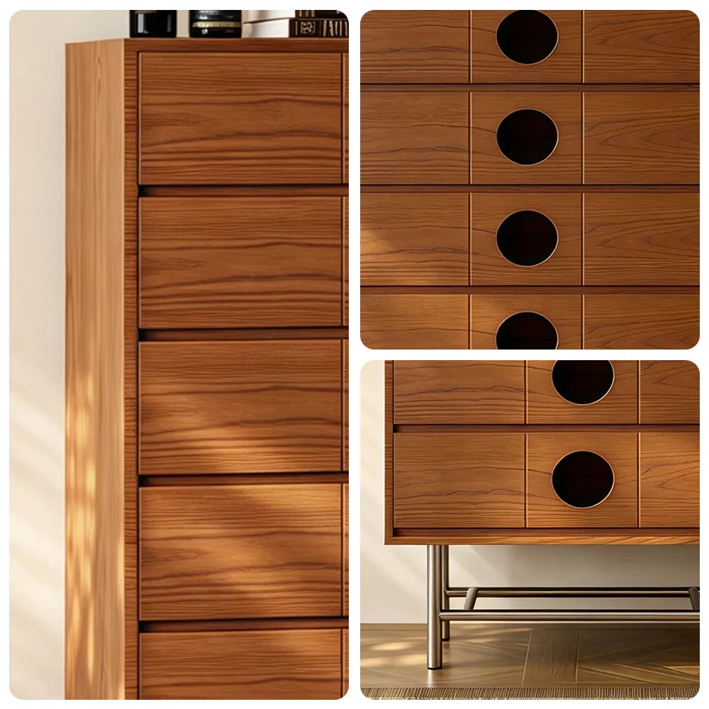 LIVARA 5-Drawer Storage Cabinet - Solid Timber Finish with Round Pull Handles & Metal Base for Living Room Bedroom - Walnut