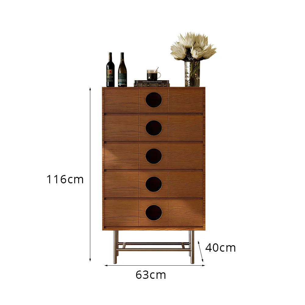 LIVARA 5-Drawer Storage Cabinet - Solid Timber Finish with Round Pull Handles & Metal Base for Living Room Bedroom - Walnut