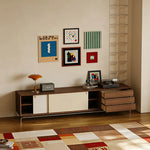 LIVARA TV Unit - Walnut Finish with Sliding Doors, Drawers & Metal Base for Living Room Storage - Walnut & Cream