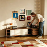 LIVARA TV Unit - Walnut Finish with Sliding Doors, Drawers & Metal Base for Living Room Storage - Walnut & Cream