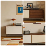 LIVARA TV Unit - Walnut Finish with Sliding Doors, Drawers & Metal Base for Living Room Storage - Walnut & Cream