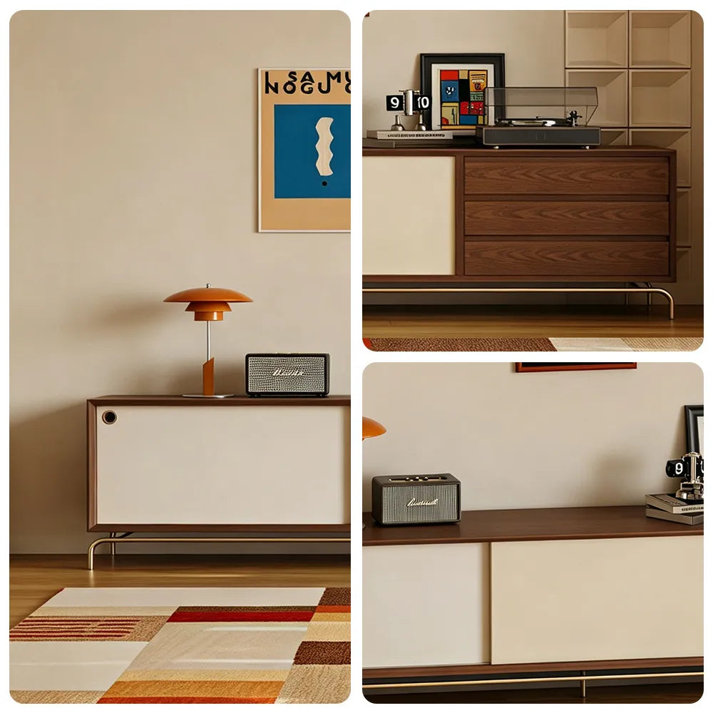 LIVARA TV Unit - Walnut Finish with Sliding Doors, Drawers & Metal Base for Living Room Storage - Walnut & Cream