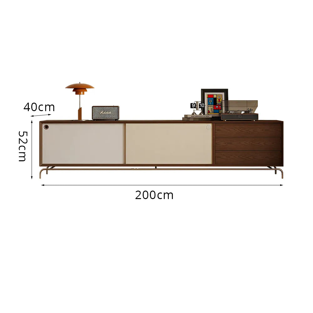 LIVARA TV Unit - Walnut Finish with Sliding Doors, Drawers & Metal Base for Living Room Storage - Walnut & Cream