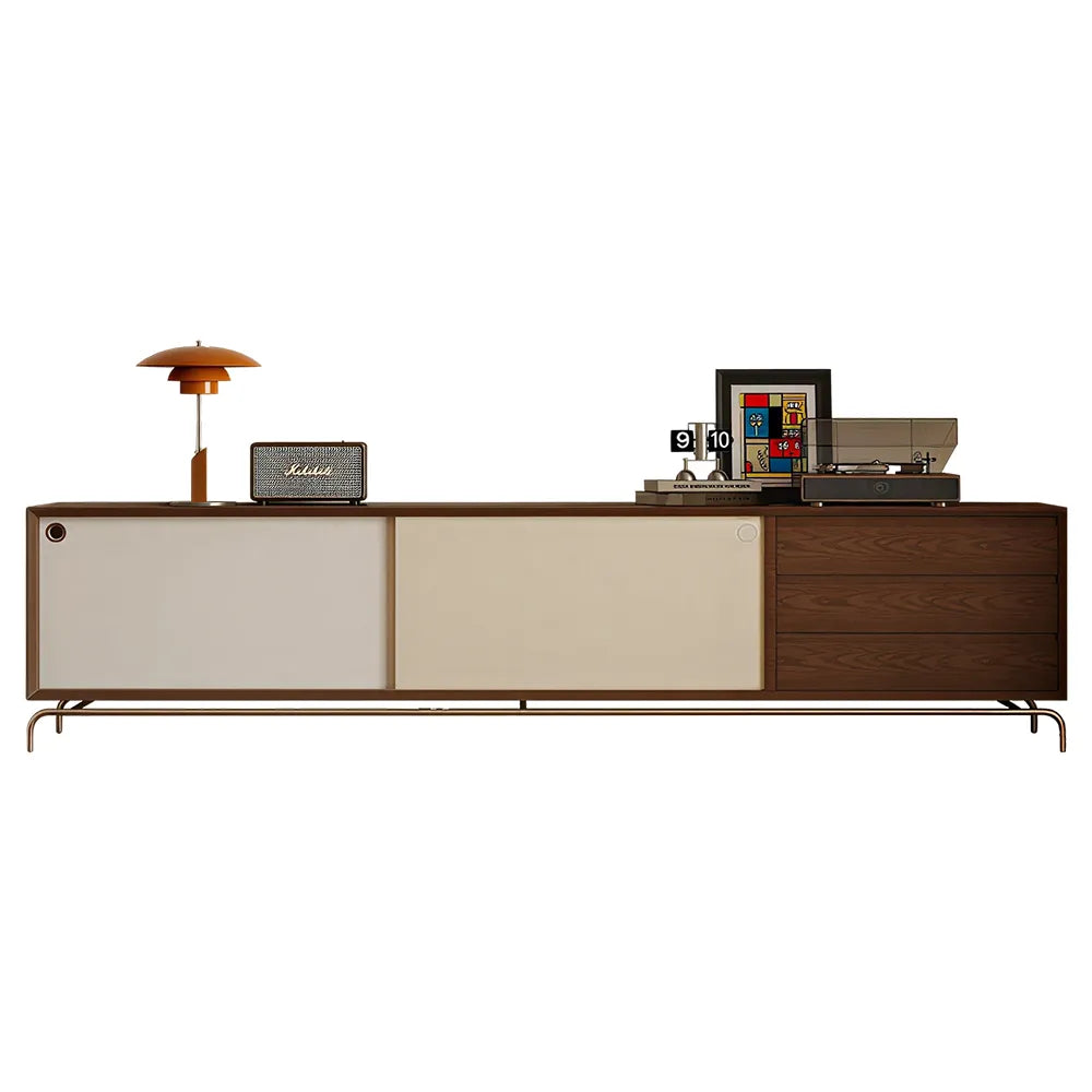 LIVARA TV Unit - Walnut Finish with Sliding Doors, Drawers & Metal Base for Living Room Storage - Walnut & Cream