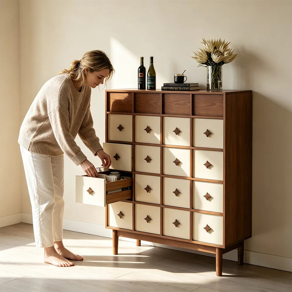 LIVARA 90cm 5-Drawer Storage Cabinet - FAS Red Oak Veneer with Multi-Drawer Design for Living Room & Bedroom - Walnut