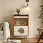 LIVARA Cherry Wood Storage Cabinet - Floor Standing Design with Drawer, Glass Doors & Metal Legs for Living Room Bedroom - Walnut & Cream