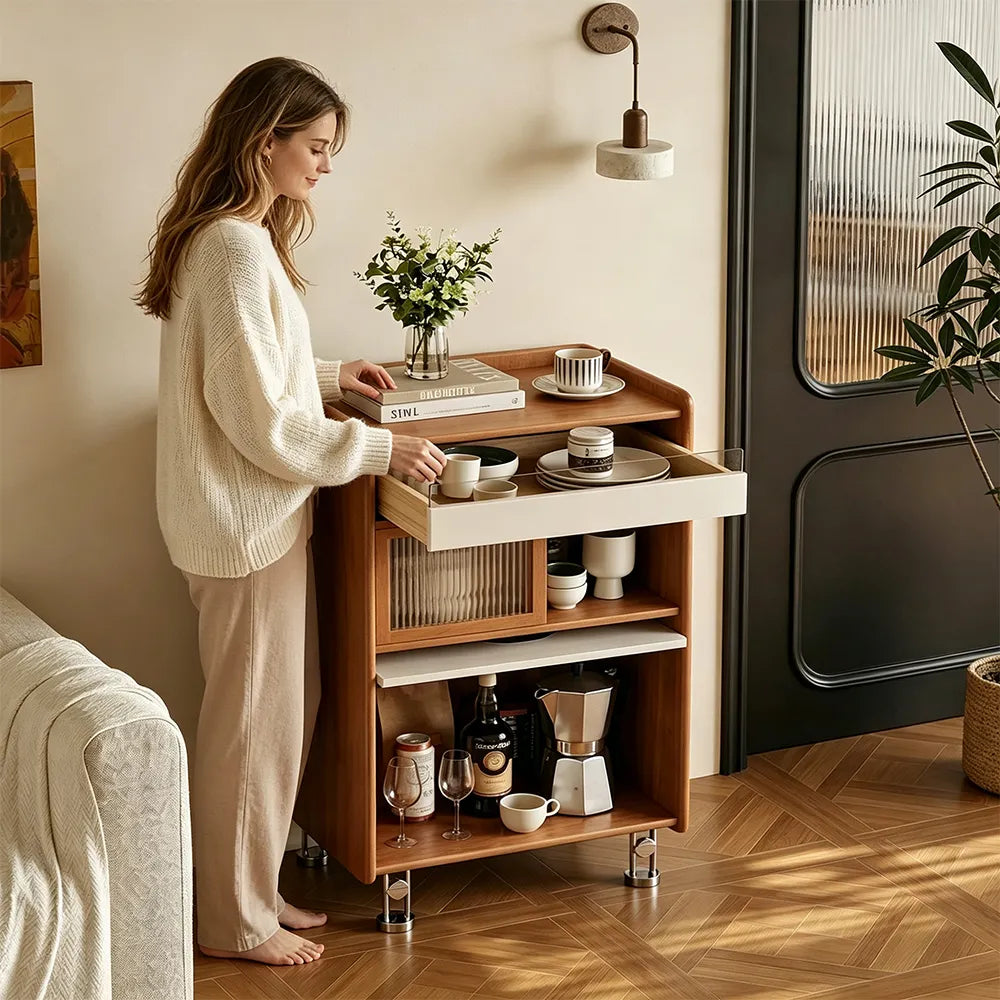 LIVARA Cherry Wood Storage Cabinet - Floor Standing Design with Drawer, Glass Doors & Metal Legs for Living Room Bedroom - Walnut & Cream