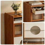 LIVARA Cherry Wood Storage Cabinet - Floor Standing Design with Drawer, Glass Doors & Metal Legs for Living Room Bedroom - Walnut & Cream