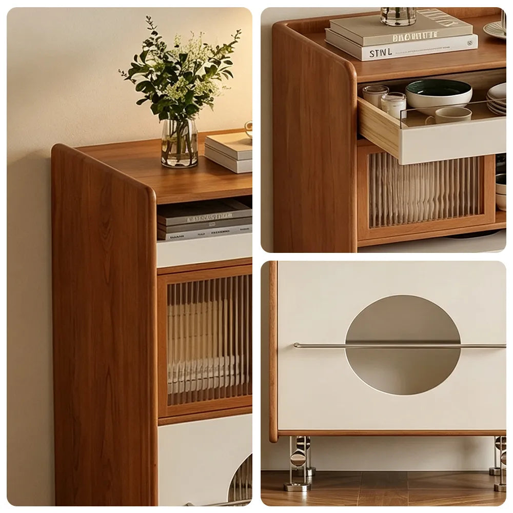 LIVARA Cherry Wood Storage Cabinet - Floor Standing Design with Drawer, Glass Doors & Metal Legs for Living Room Bedroom - Walnut & Cream