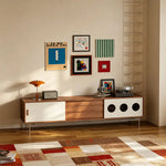 LIVARA Bauhaus TV Unit - Cherry Wood Finish with Sliding Doors, Drawers & Metal Base for Living Room Storage - Walnut & Cream