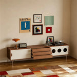 LIVARA Bauhaus TV Unit - Cherry Wood Finish with Sliding Doors, Drawers & Metal Base for Living Room Storage - Walnut & Cream
