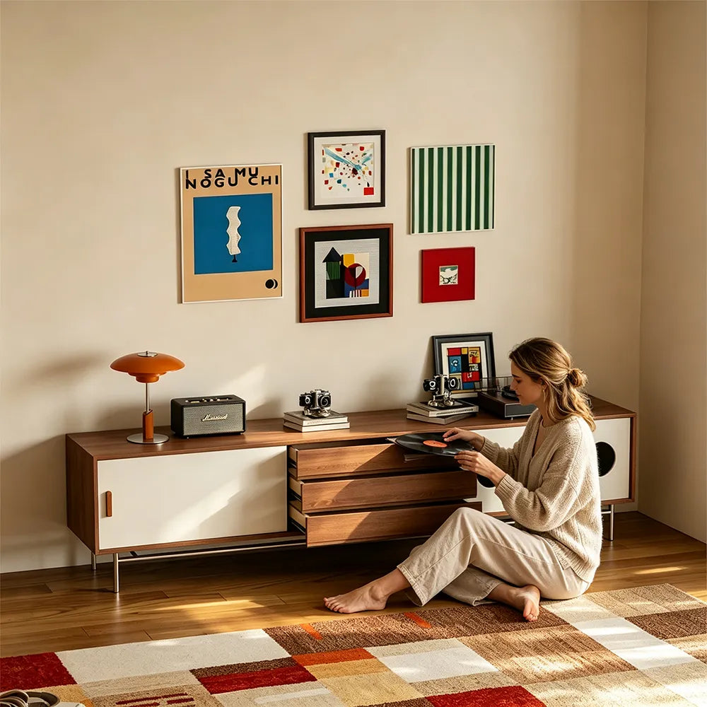 LIVARA Bauhaus TV Unit - Cherry Wood Finish with Sliding Doors, Drawers & Metal Base for Living Room Storage - Walnut & Cream