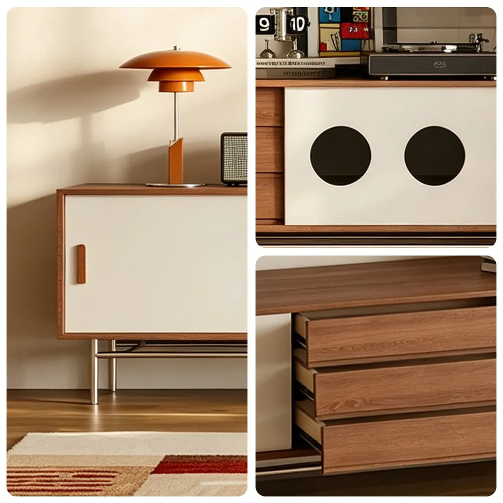 LIVARA Bauhaus TV Unit - Cherry Wood Finish with Sliding Doors, Drawers & Metal Base for Living Room Storage - Walnut & Cream