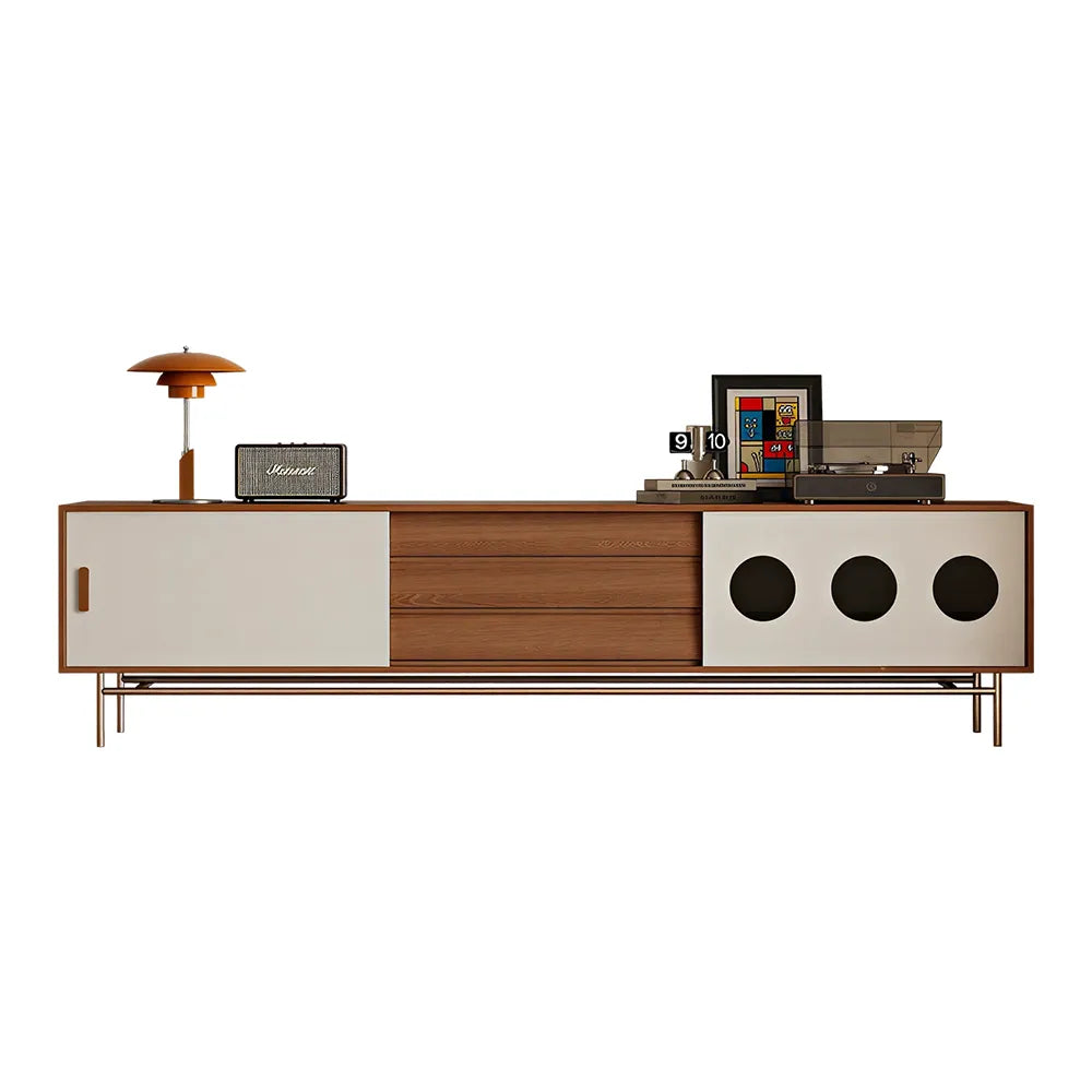 LIVARA Bauhaus TV Unit - Cherry Wood Finish with Sliding Doors, Drawers & Metal Base for Living Room Storage - Walnut & Cream
