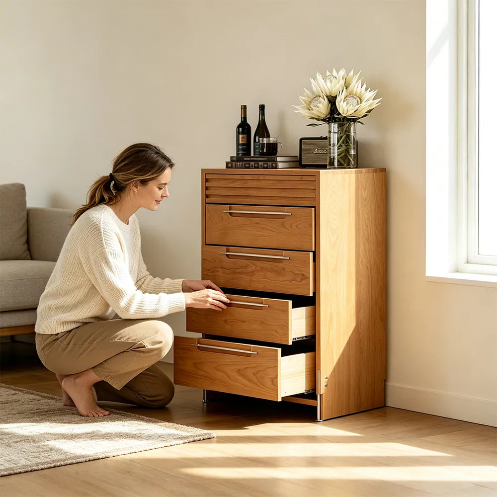 LIVARA Spanish Style 5-Drawer Storage Cabinet - Cherry Wood Finish with Full Pull-Out Drawers for Living Room & Bedroom - Walnut