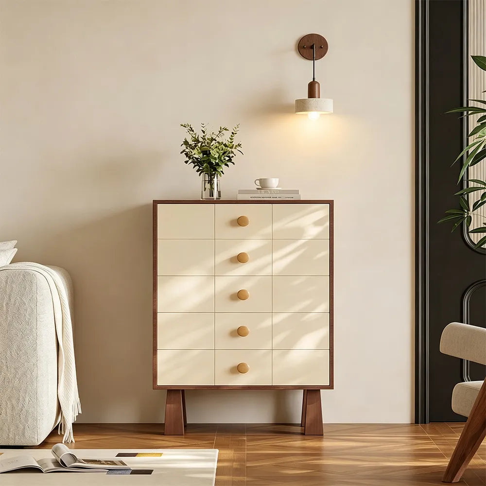 LIVARA 5-Drawer Storage Cabinet - Solid Timber Frame with Raised Legs for Living Room & Bedroom - Walnut & Cream