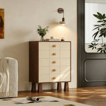 LIVARA 5-Drawer Storage Cabinet - Solid Timber Frame with Raised Legs for Living Room & Bedroom - Walnut & Cream