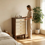 LIVARA 5-Drawer Storage Cabinet - Solid Timber Frame with Raised Legs for Living Room & Bedroom - Walnut & Cream