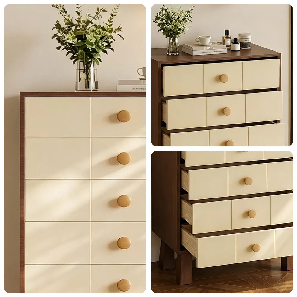 LIVARA 5-Drawer Storage Cabinet - Solid Timber Frame with Raised Legs for Living Room & Bedroom - Walnut & Cream