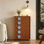 LIVARA 5-Drawer Storage Cabinet - Solid Timber Frame with Round Accent Handles for Living Room & Bedroom - Walnut & Blue