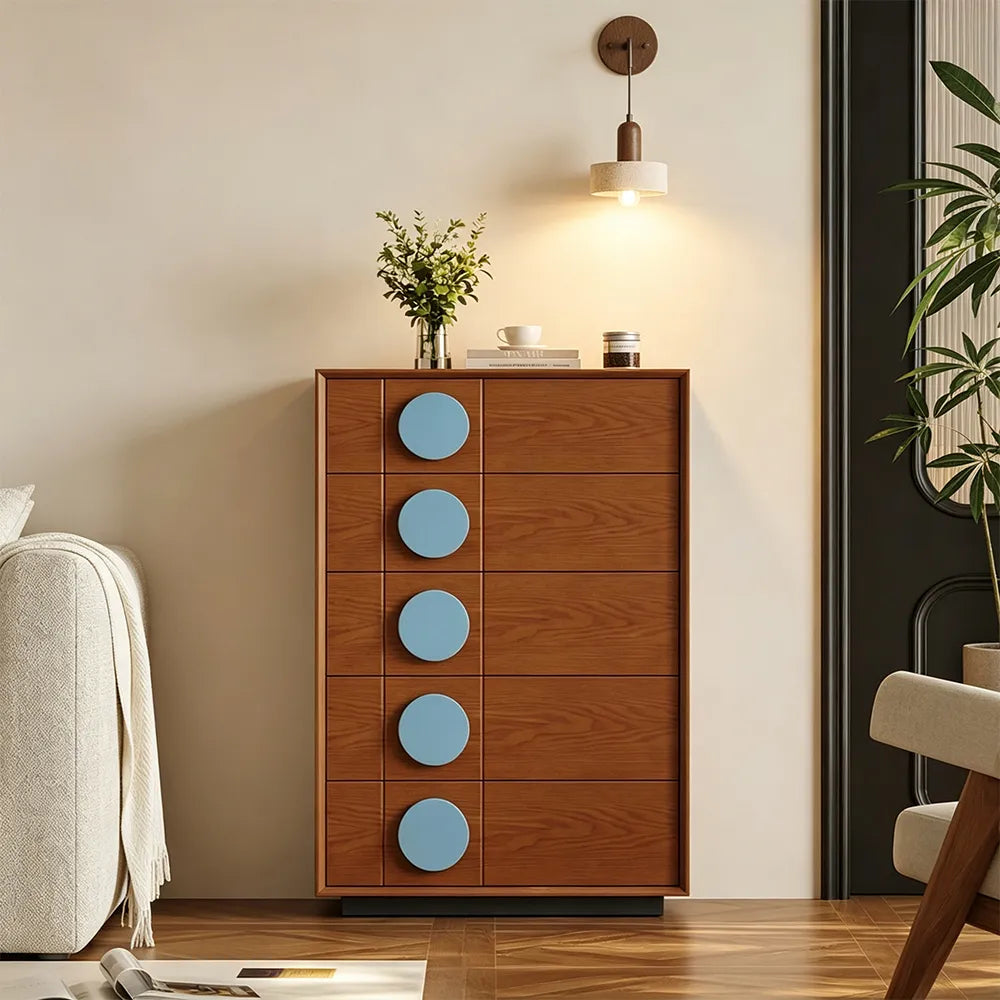 LIVARA 5-Drawer Storage Cabinet - Solid Timber Frame with Round Accent Handles for Living Room & Bedroom - Walnut & Blue