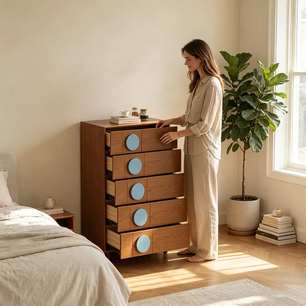 LIVARA 5-Drawer Storage Cabinet - Solid Timber Frame with Round Accent Handles for Living Room & Bedroom - Walnut & Blue