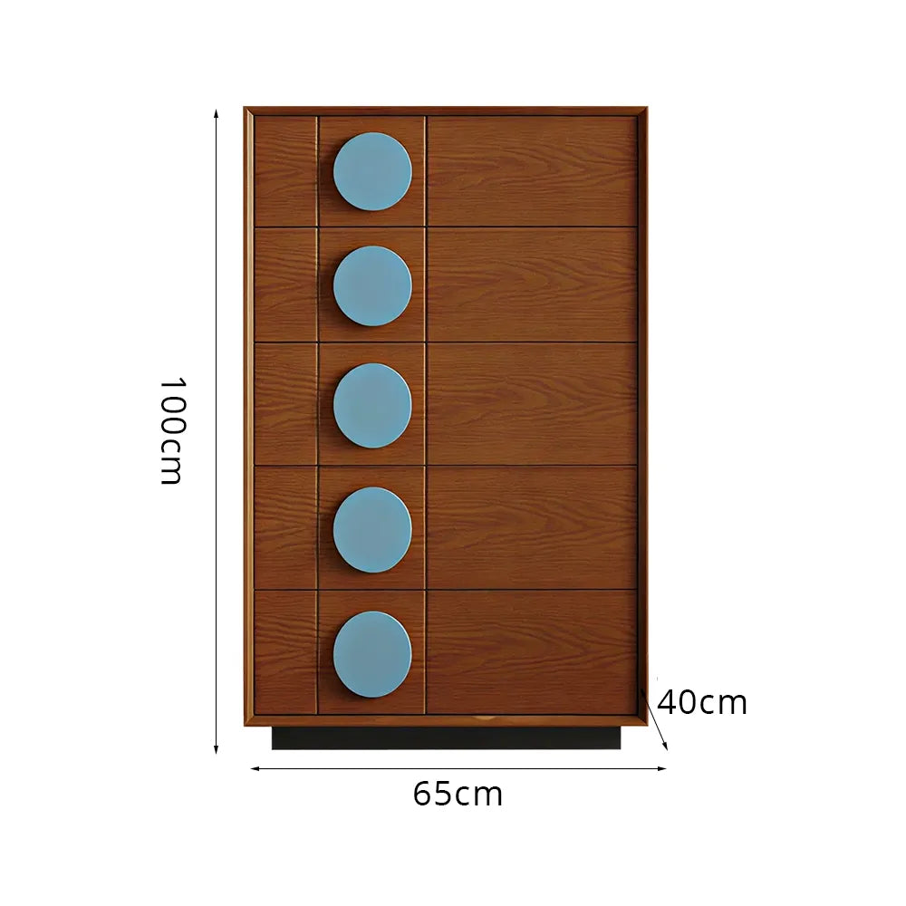 LIVARA 5-Drawer Storage Cabinet - Solid Timber Frame with Round Accent Handles for Living Room & Bedroom - Walnut & Blue