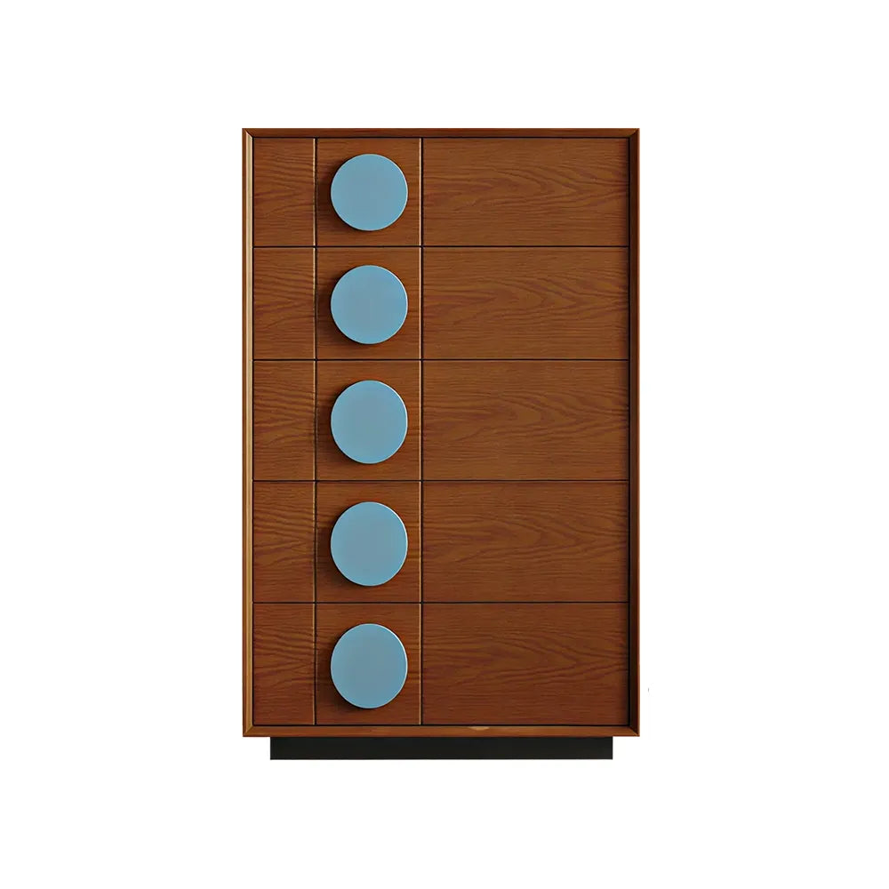 LIVARA 5-Drawer Storage Cabinet - Solid Timber Frame with Round Accent Handles for Living Room & Bedroom - Walnut & Blue