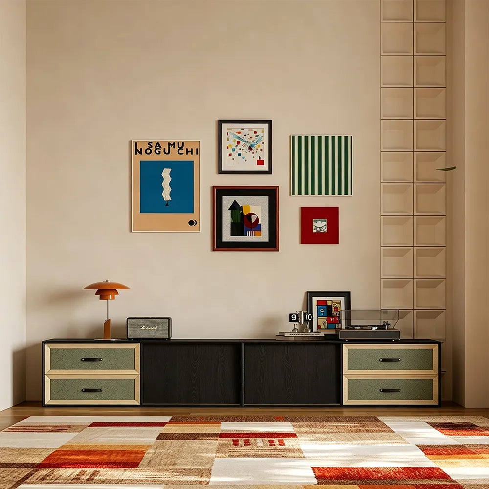 LIVARA 240cm American Retro TV Unit - Ash Wood Finish with Open Storage & Drawers for Living Room - Black & Walnut