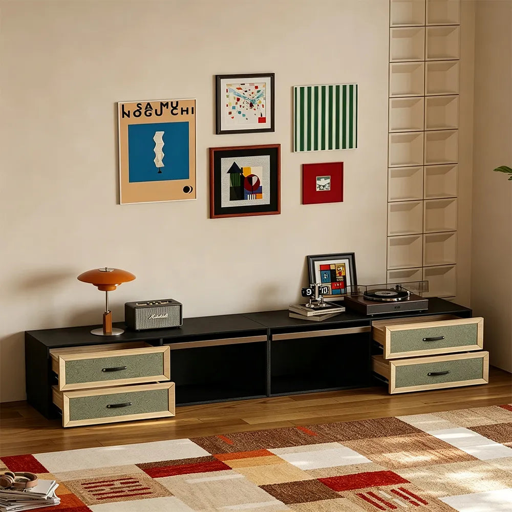 LIVARA 240cm American Retro TV Unit - Ash Wood Finish with Open Storage & Drawers for Living Room - Black & Walnut