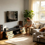 LIVARA 240cm American Retro TV Unit - Ash Wood Finish with Open Storage & Drawers for Living Room - Black & Walnut