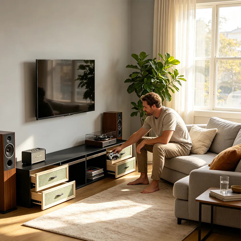 LIVARA 240cm American Retro TV Unit - Ash Wood Finish with Open Storage & Drawers for Living Room - Black & Walnut