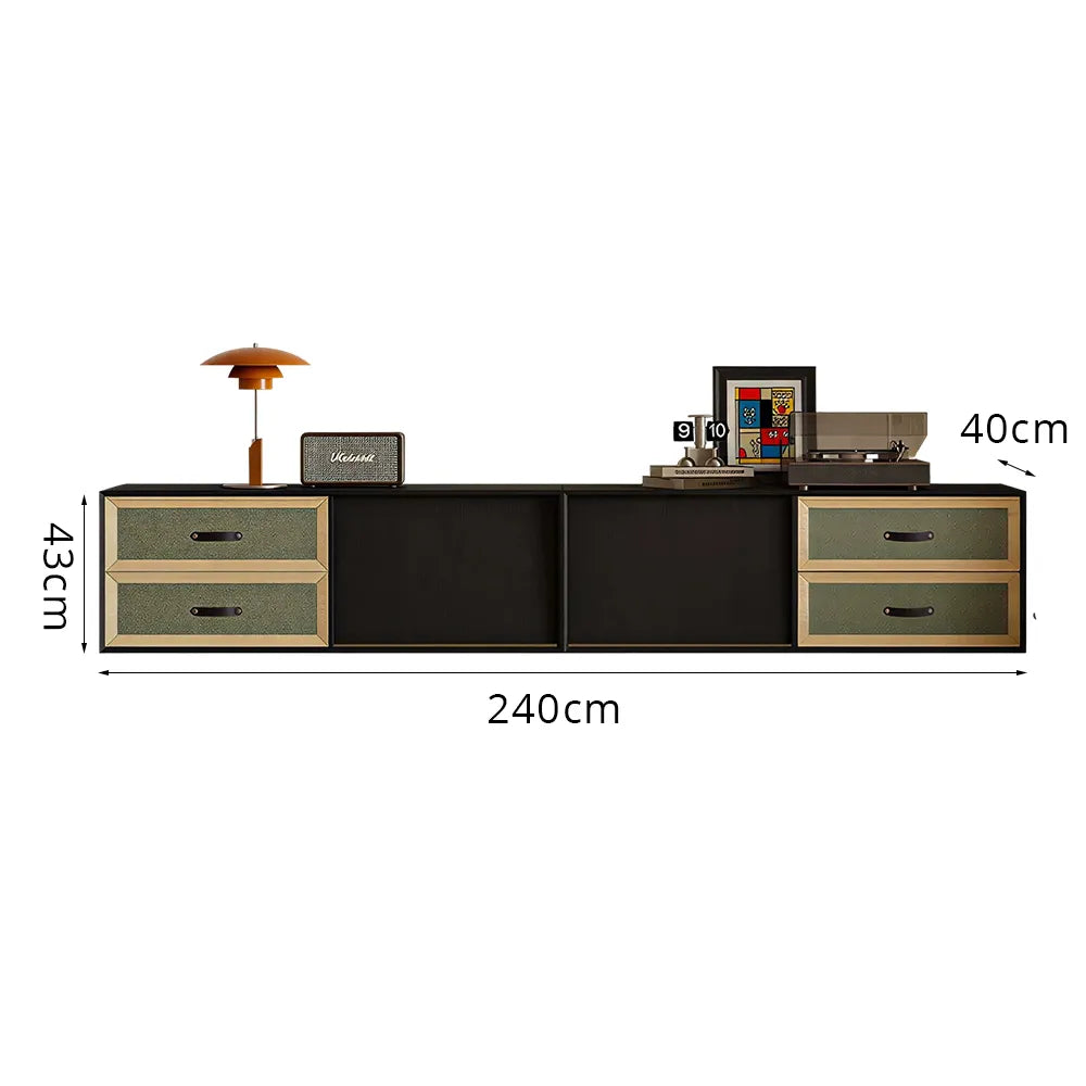 LIVARA 240cm American Retro TV Unit - Ash Wood Finish with Open Storage & Drawers for Living Room - Black & Walnut