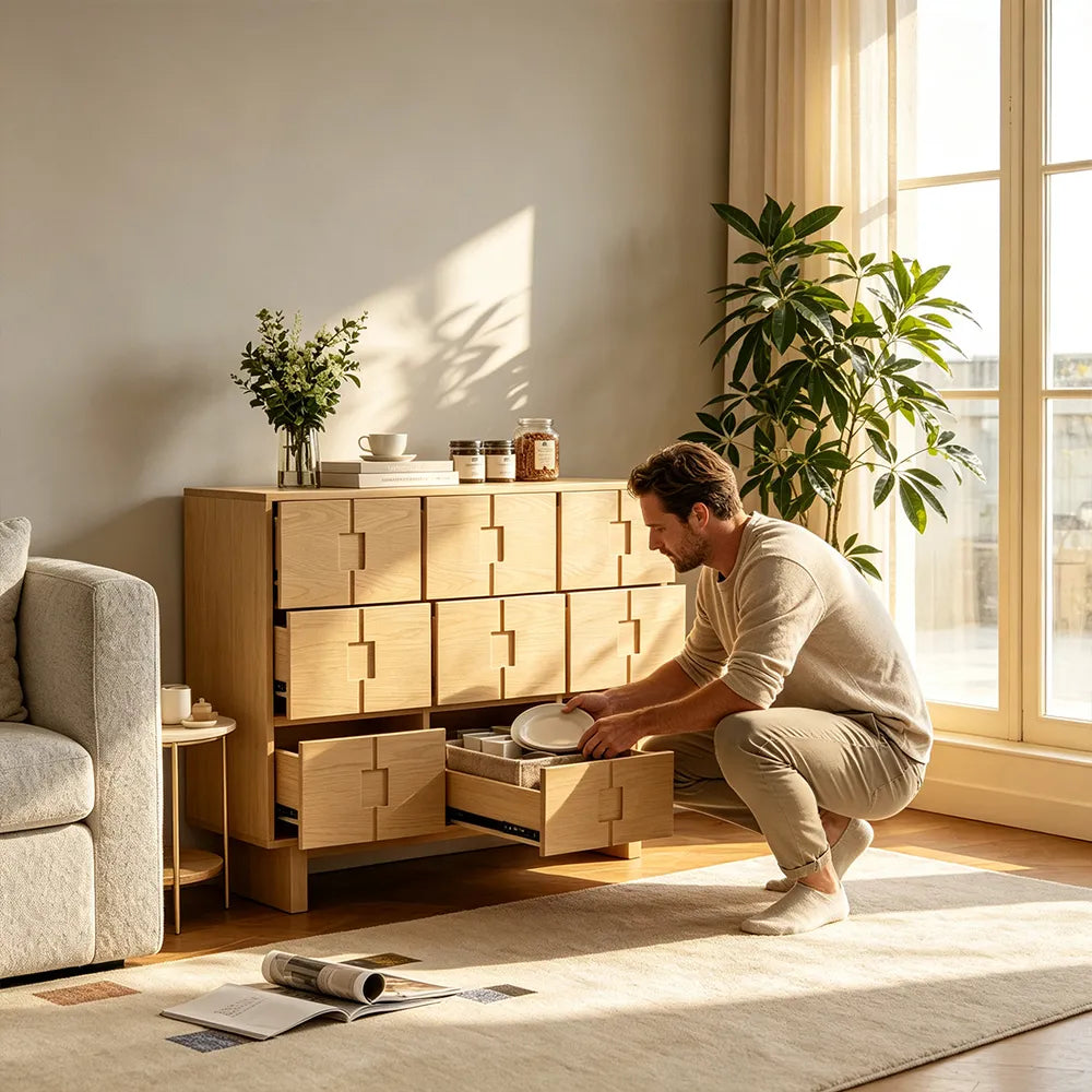 LIVARA 140cm Sideboard - Solid Timber Frame with Multi-Door Storage & Raised Legs for Living Room Dining Room - Natural Oak