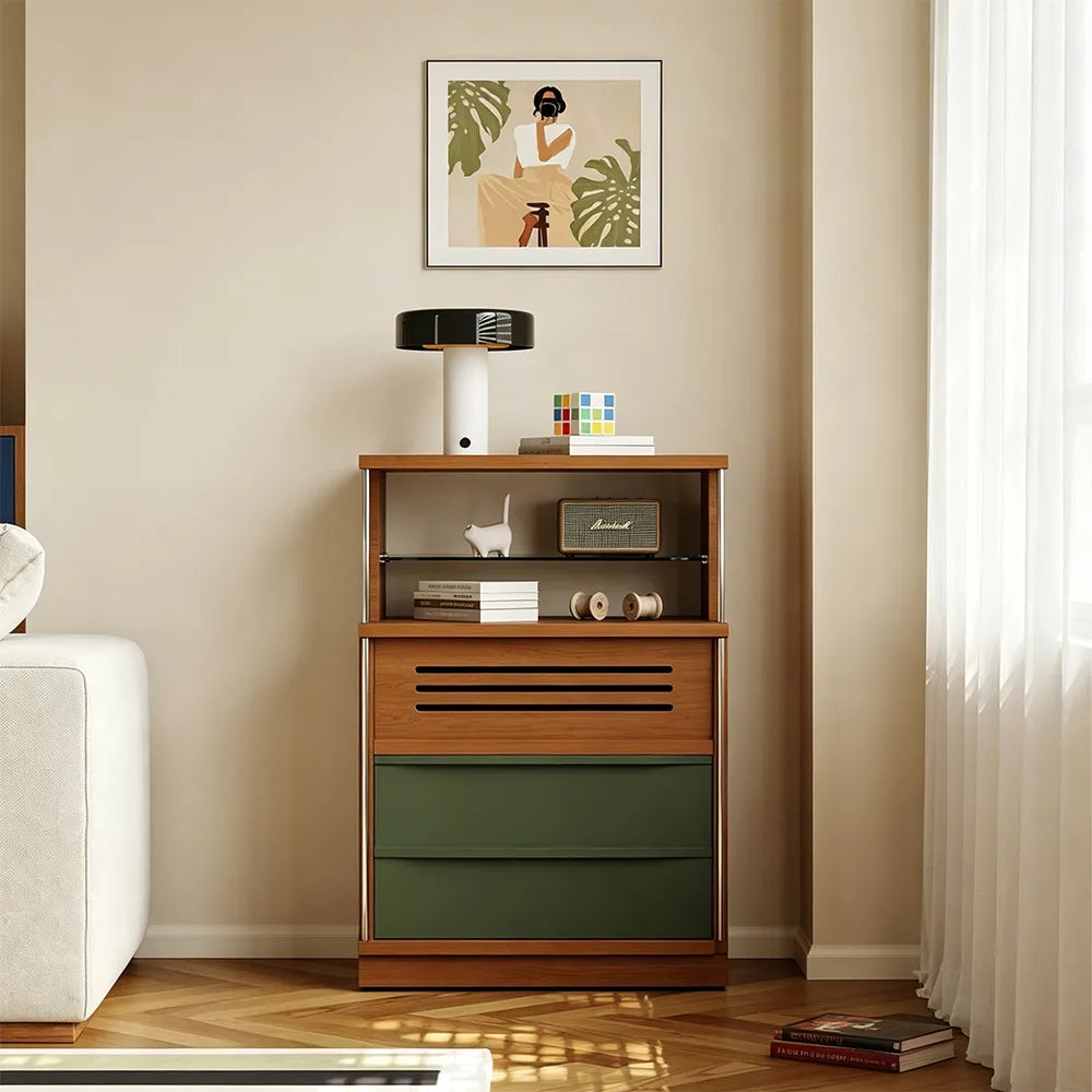 LIVARA Storage Cabinet - Timber Finish with Open Shelf, Drawers & Enclosed Storage for Living Room & Bedroom - Walnut & Green