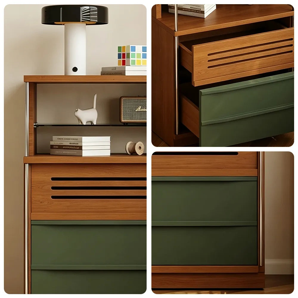 LIVARA Storage Cabinet - Timber Finish with Open Shelf, Drawers & Enclosed Storage for Living Room & Bedroom - Walnut & Green