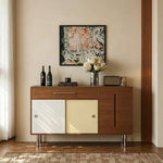 LIVARA 140cm Sideboard - Solid Timber Frame with Sliding Doors, Drawer & Metal Legs for Dining Room Storage - Walnut & Cream