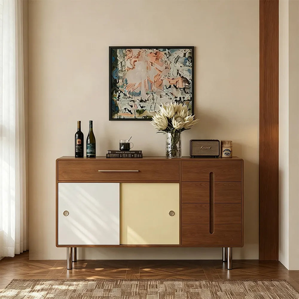 LIVARA 140cm Sideboard - Solid Timber Frame with Sliding Doors, Drawer & Metal Legs for Dining Room Storage - Walnut & Cream