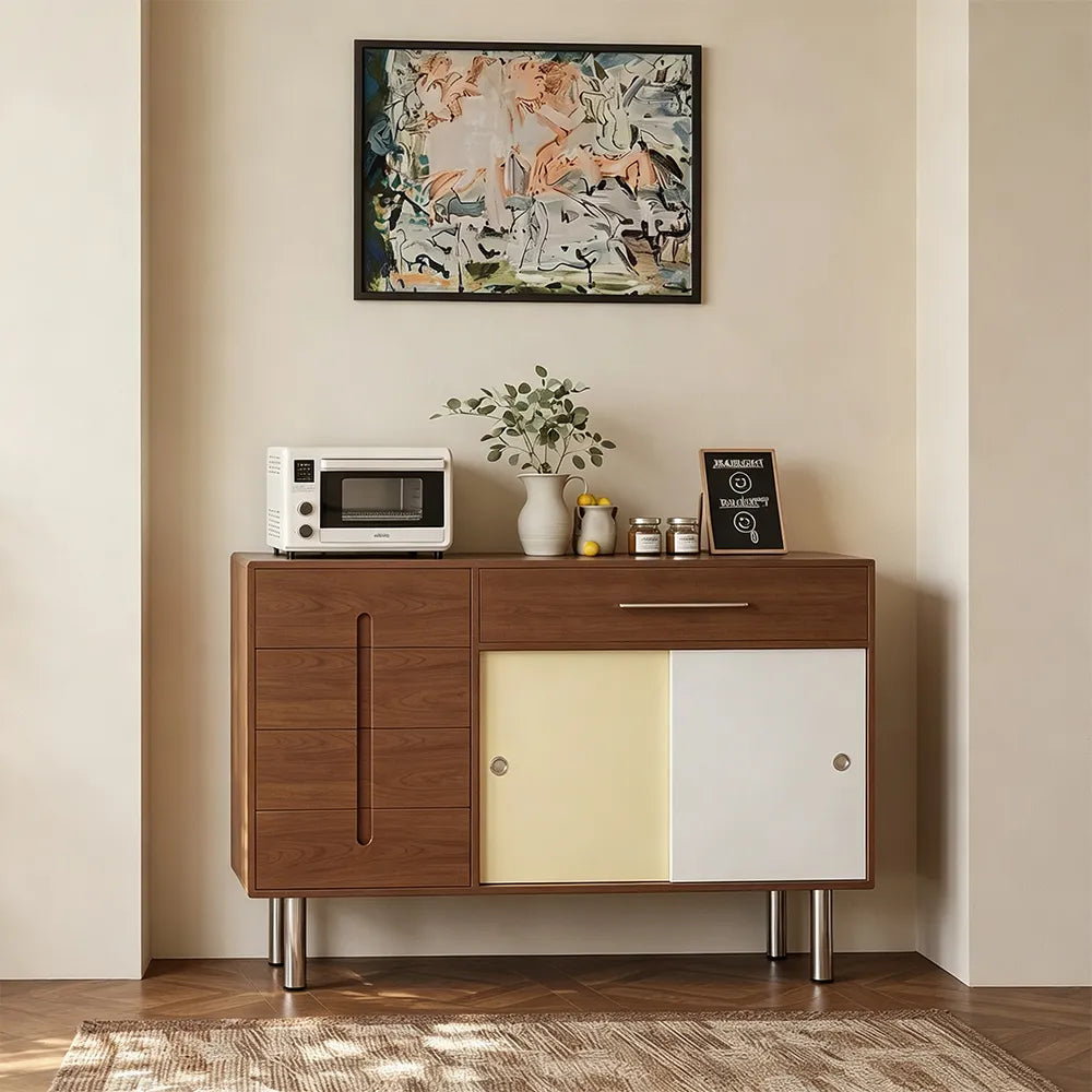 LIVARA 140cm Sideboard - Solid Timber Frame with Sliding Doors, Drawer & Metal Legs for Dining Room Storage - Walnut & Cream