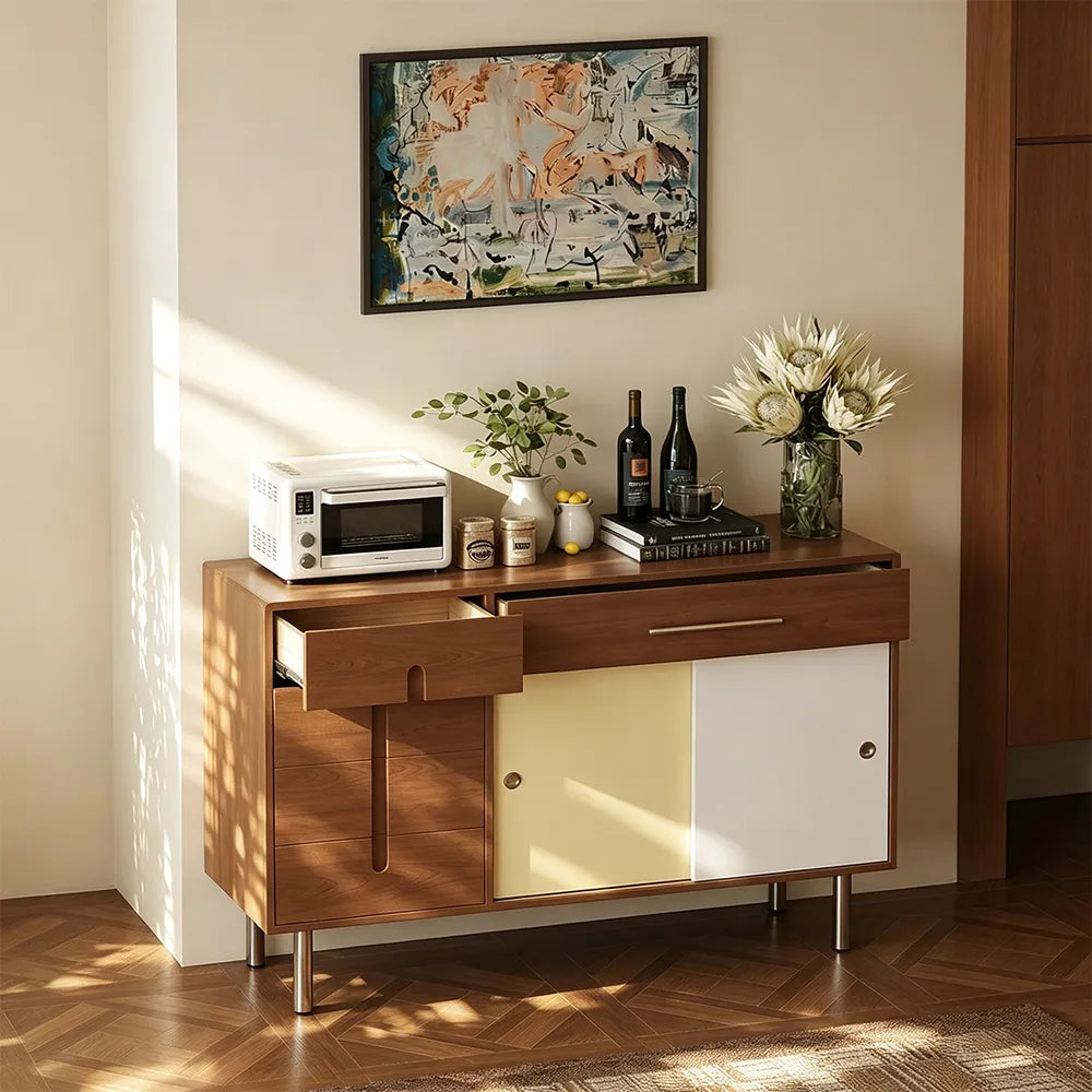 LIVARA 140cm Sideboard - Solid Timber Frame with Sliding Doors, Drawer & Metal Legs for Dining Room Storage - Walnut & Cream