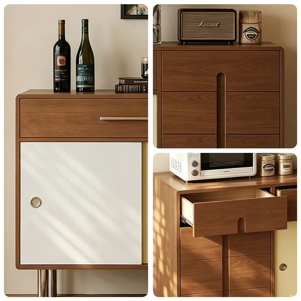 LIVARA 140cm Sideboard - Solid Timber Frame with Sliding Doors, Drawer & Metal Legs for Dining Room Storage - Walnut & Cream